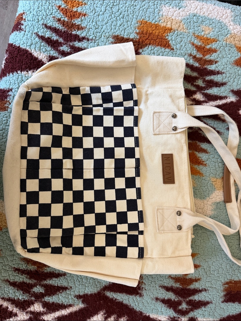 Nicav Cream Canvas Tote with Black Checker Panel